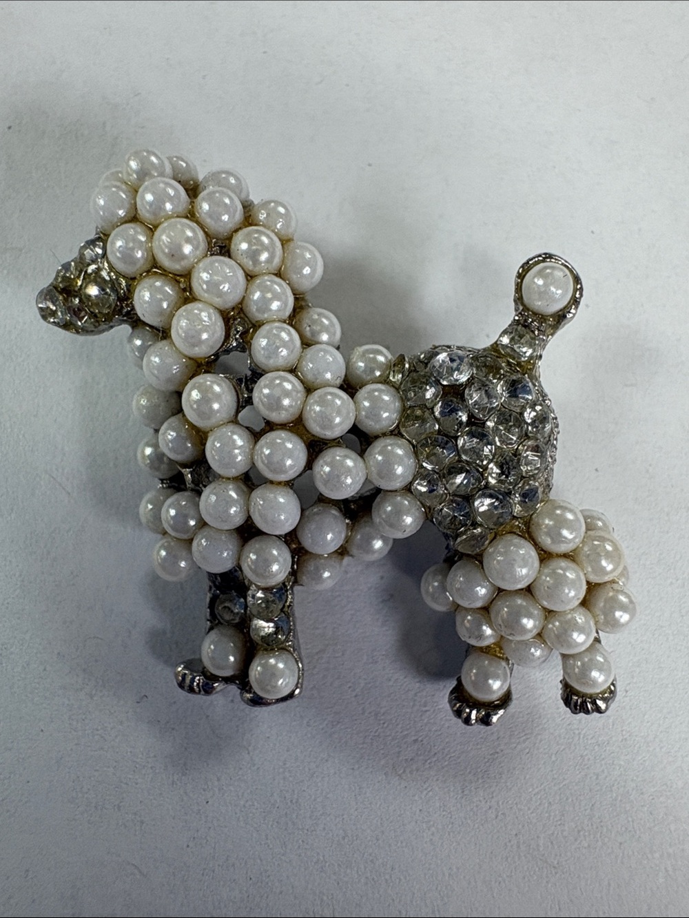 White Pearl and Rhinestone Poodle Brooch - Classic White